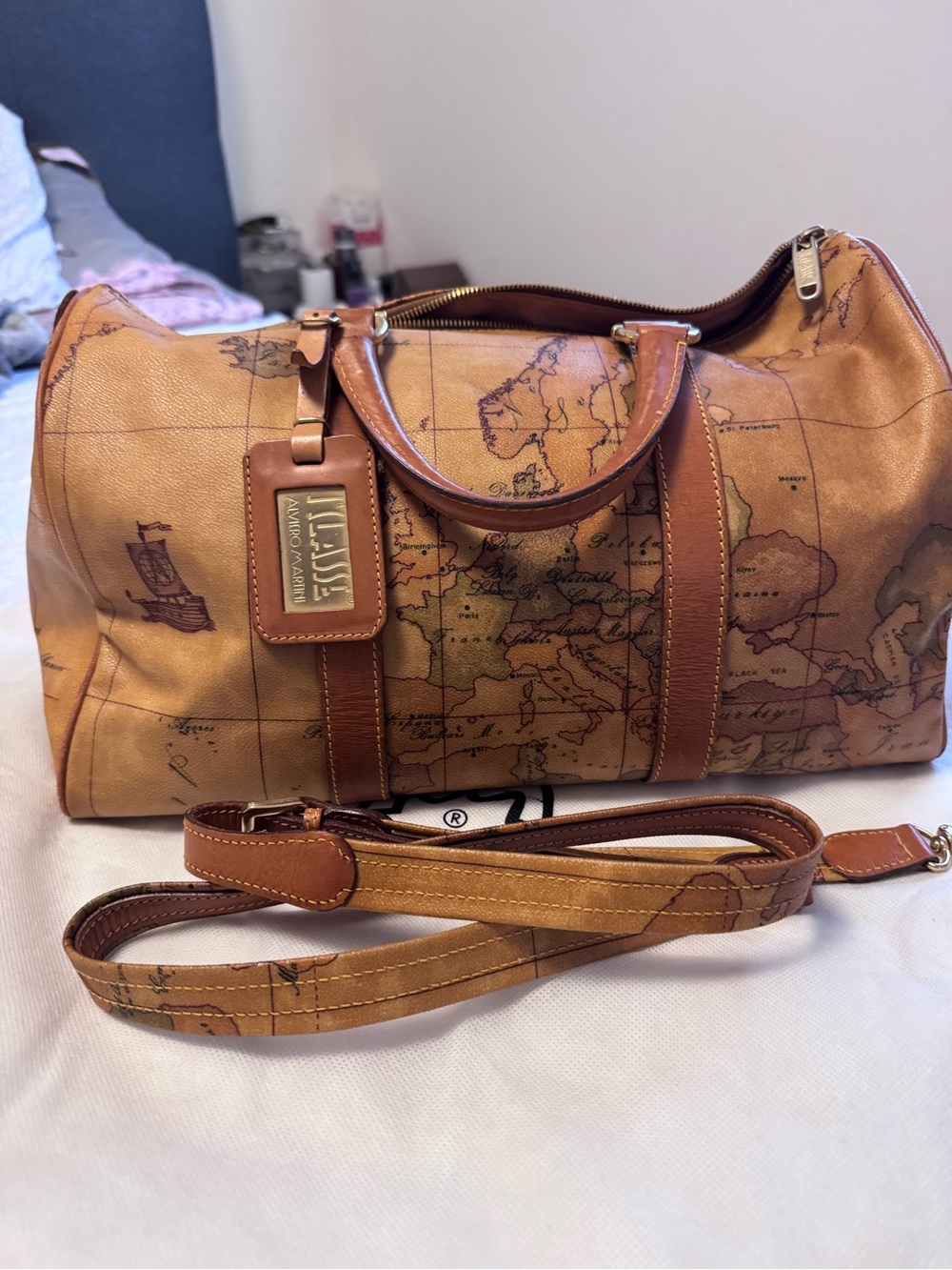 Alviero Martini Map-Print Brown Leather-Trim Duffel Bag